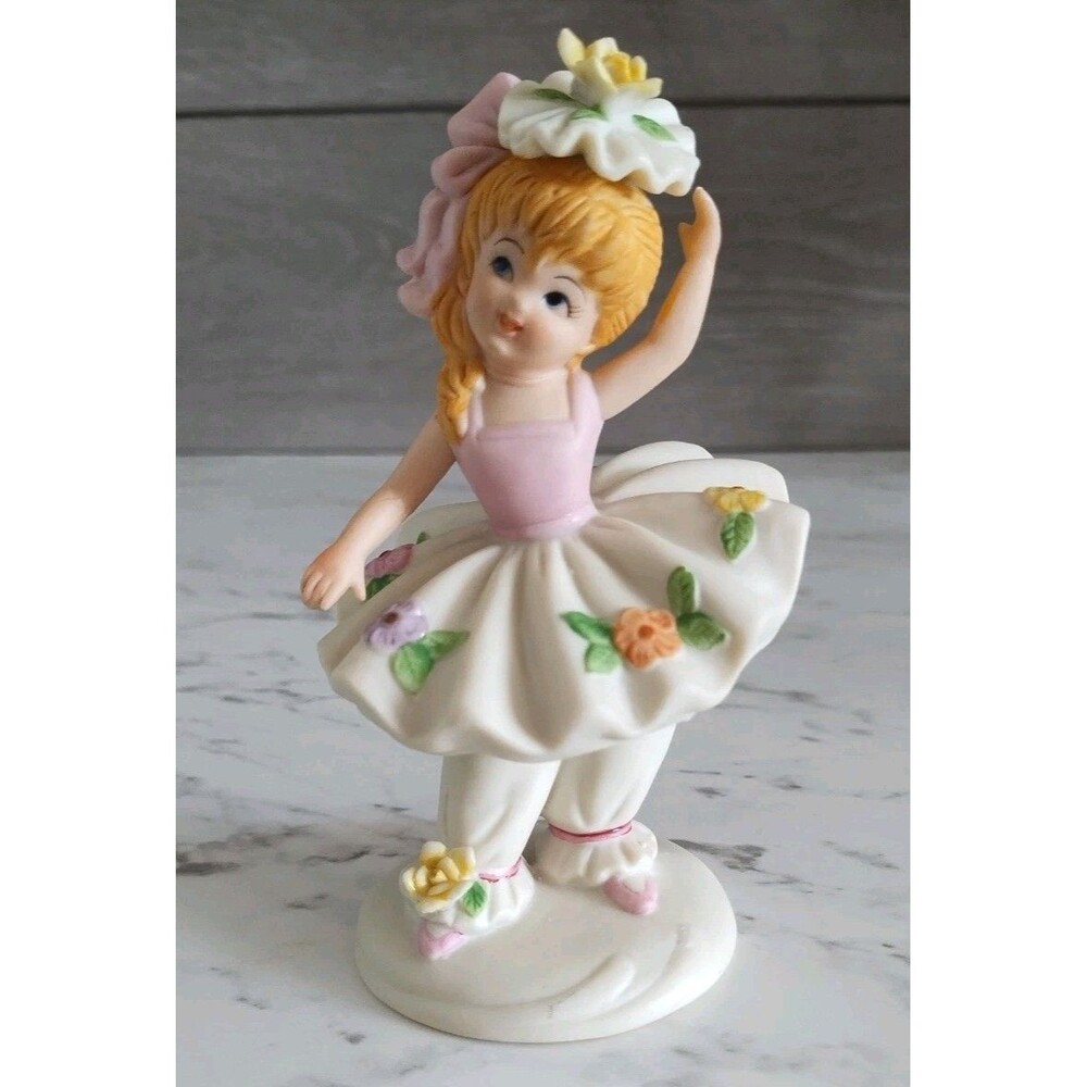 Vintage Lefton Bloomer Girl Figurine KW1002 Ballerina With Floral Skirt And Hat